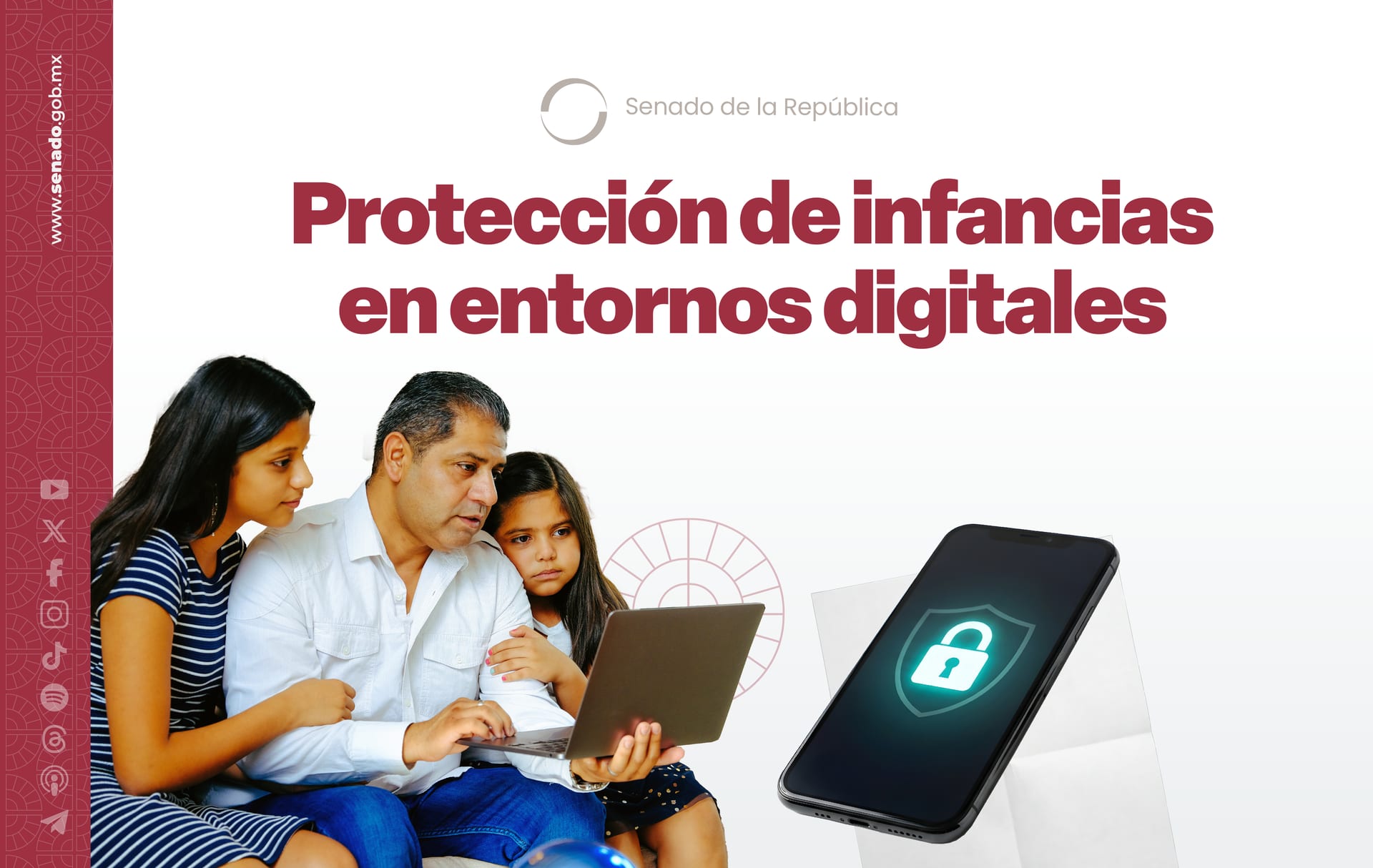Lámina del Senado titulada "Protección de infancias en entornos digitales", con un hombre y dos niñas frente a una laptop y un celular con un candado.