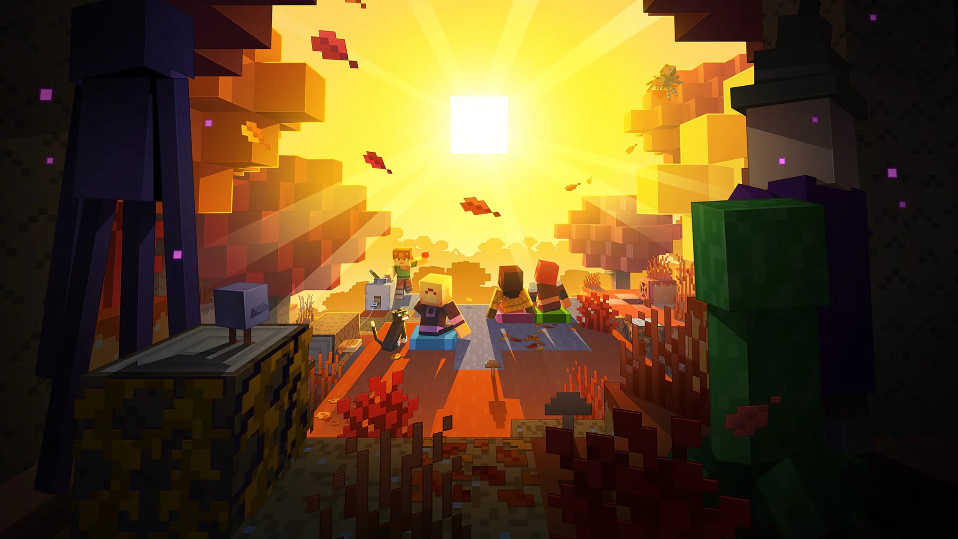 Personajes cúbicos de Minecraft conviven al atardecer entre árboles anaranjados, con un gato negro y una araña cerca.