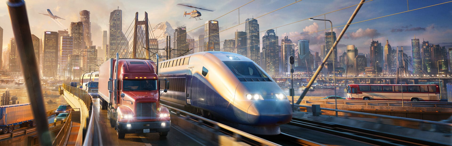 Un camión rojo, un tren de alta velocidad y un autobús cruzan un puente frente al horizonte de una ciudad al atardecer, con un helicóptero y un avión en el cielo.