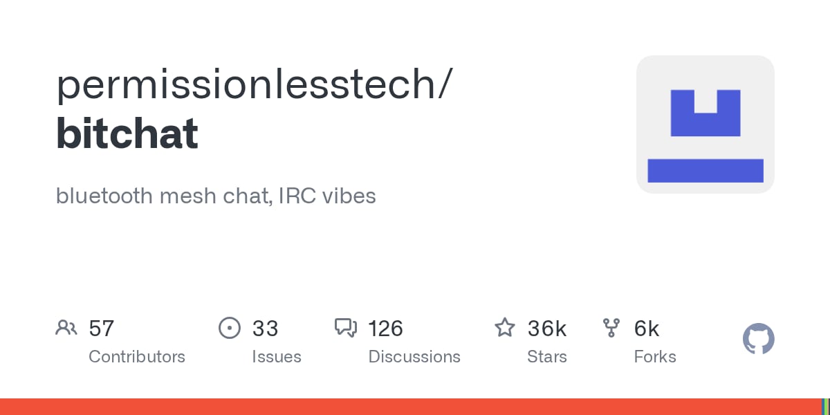 Tarjeta del repositorio de Bitchat en GitHub, con un logotipo azul sobre fondo gris y la descripción bluetooth mesh chat, IRC vibes.