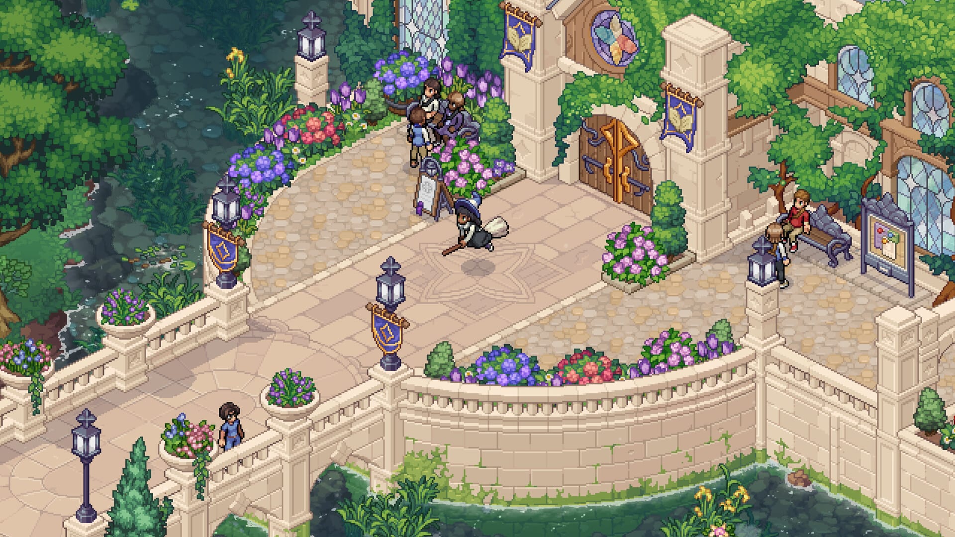 A witch on a broom flies over the entrance plaza of Witchbrook College, in isometric pixel art with flowers and students.