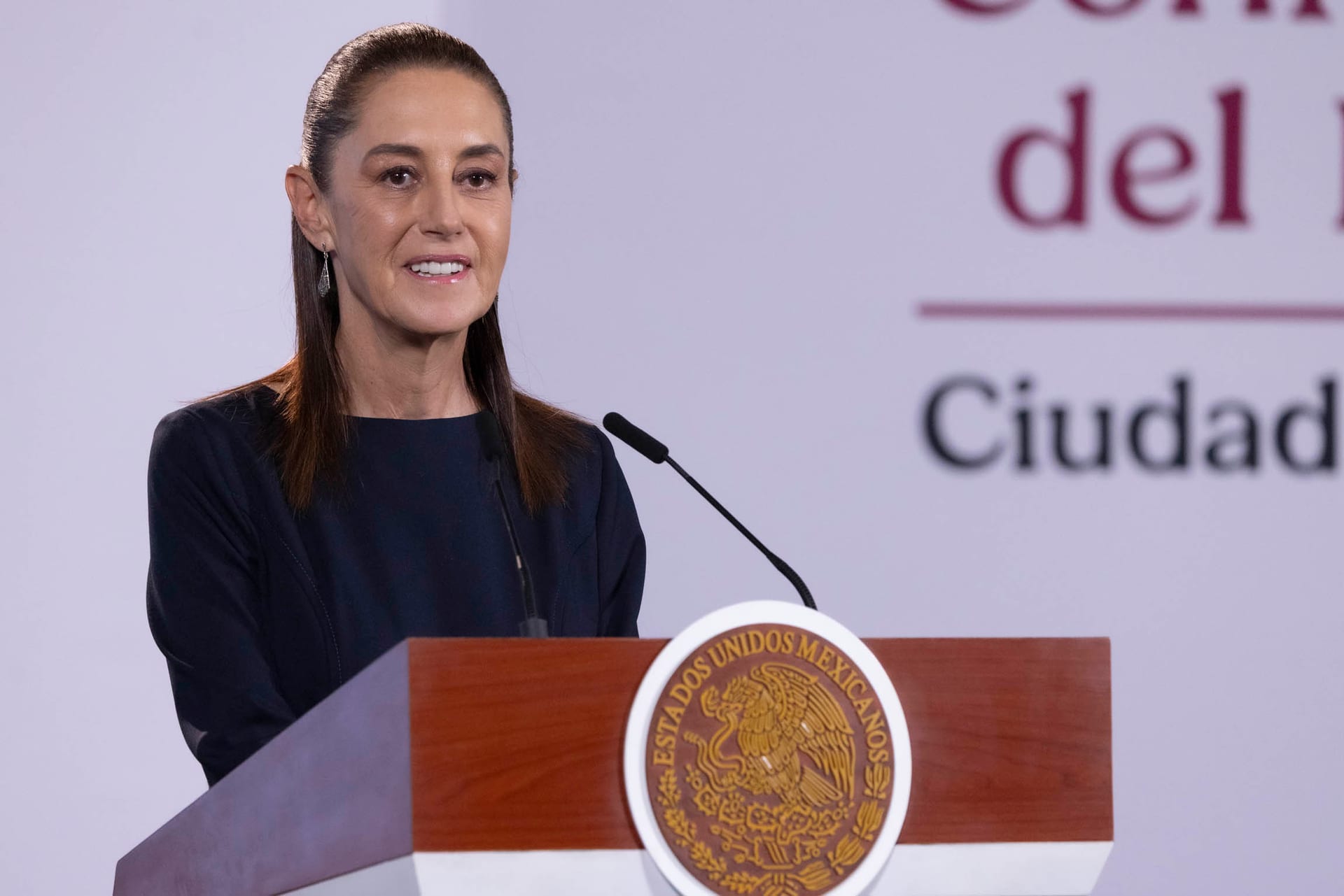 La presidenta Claudia Sheinbaum habla frente a un atril con el escudo nacional durante una conferencia matutina.