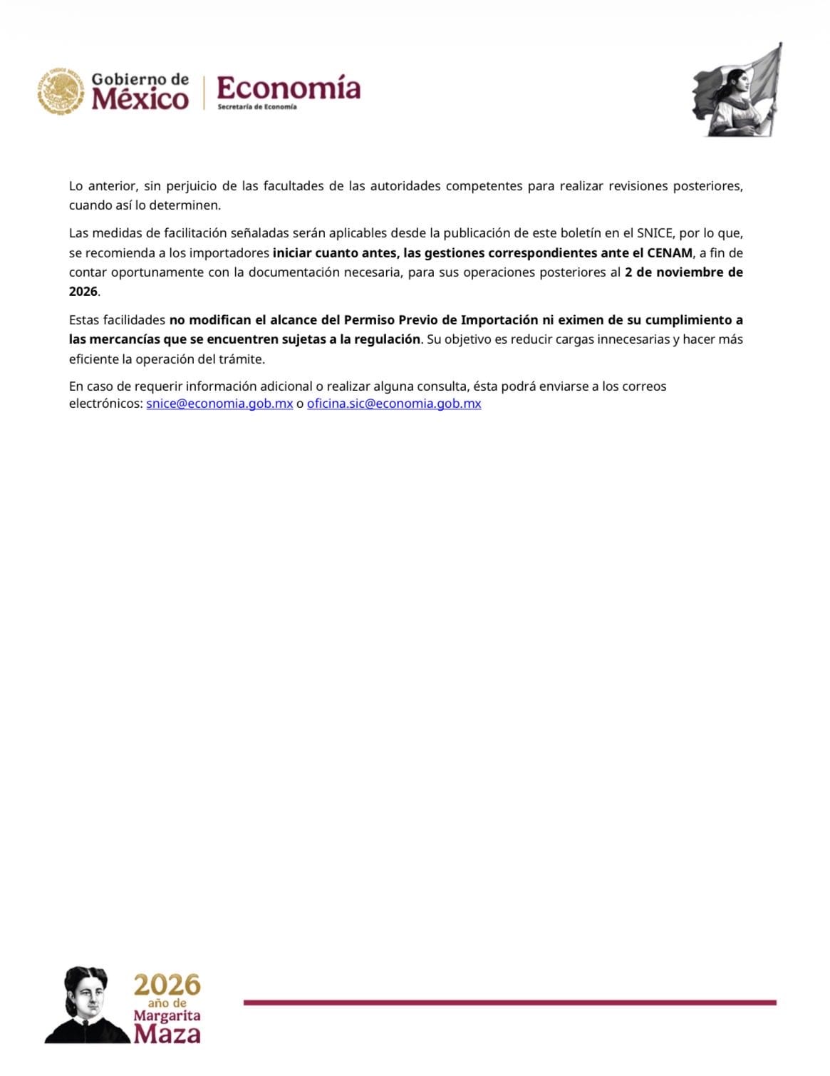 Segunda página del boletín de Economía: gestionar ante el CENAM antes del 2 de noviembre y correos para consultas.