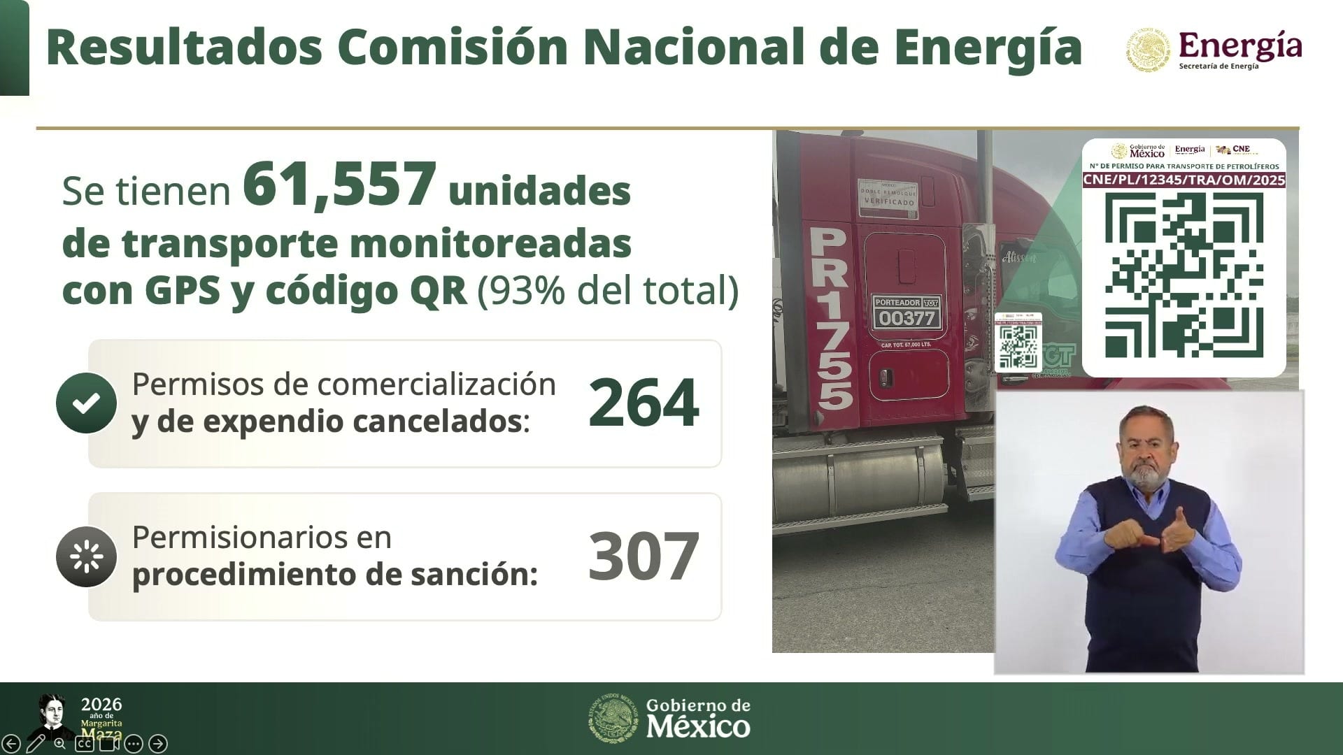 Lámina de la conferencia con 61 557 unidades de transporte monitoreadas, 264 permisos cancelados y 307 permisionarios en procedimiento de sanción
