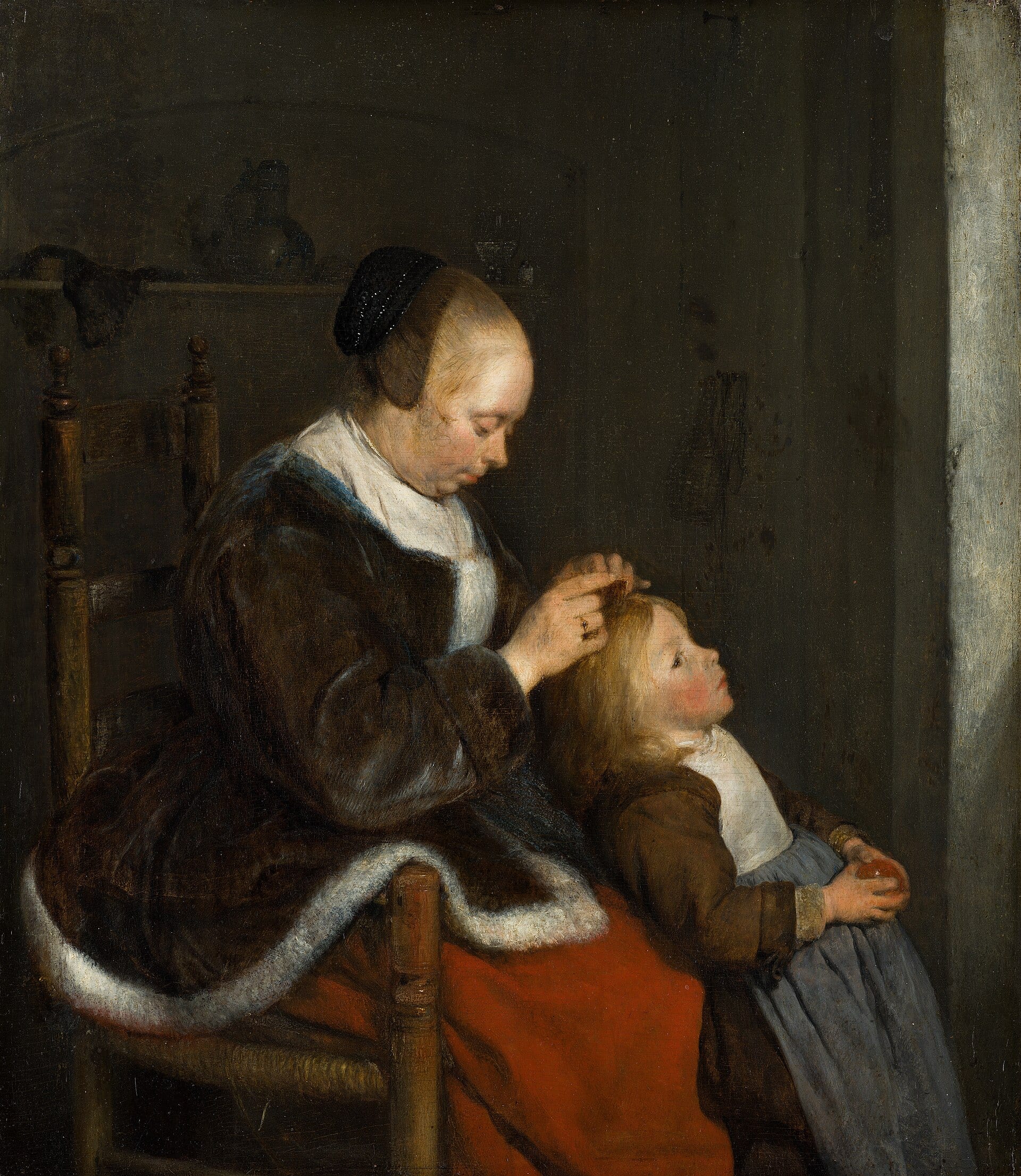 Pintura del siglo XVII en la que una mujer sentada revisa con los dedos el cabello de una niña que la mira hacia arriba.