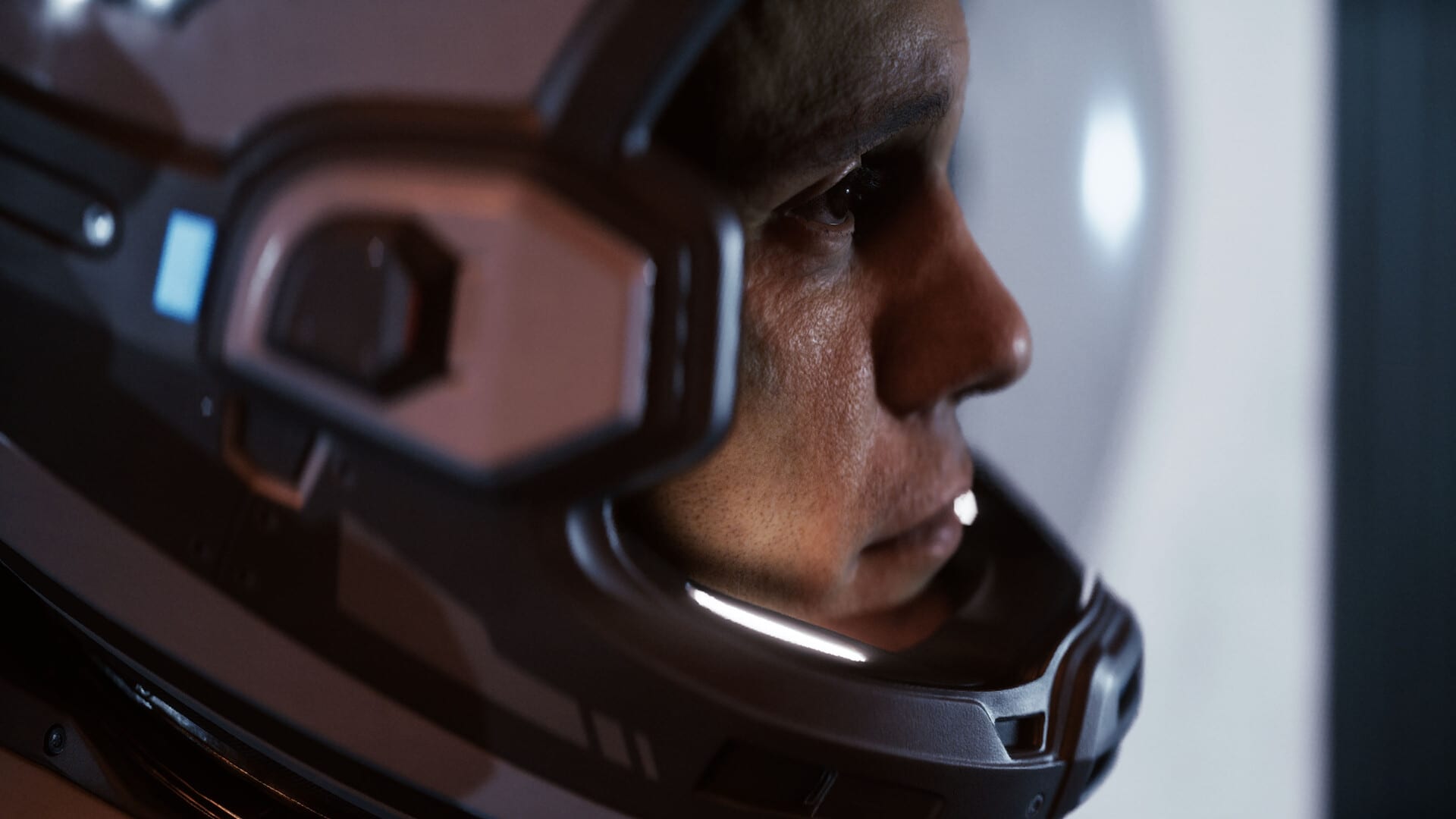 Close-up of an astronaut's face inside a helmet, in a scene from Directive 8020.