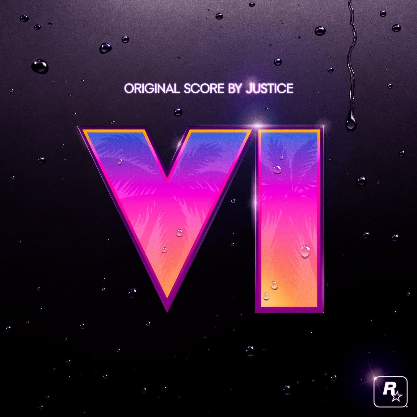 Arte de la banda sonora de GTA VI: el logotipo VI cubierto de gotas de agua sobre fondo oscuro y el texto Original score by Justice.