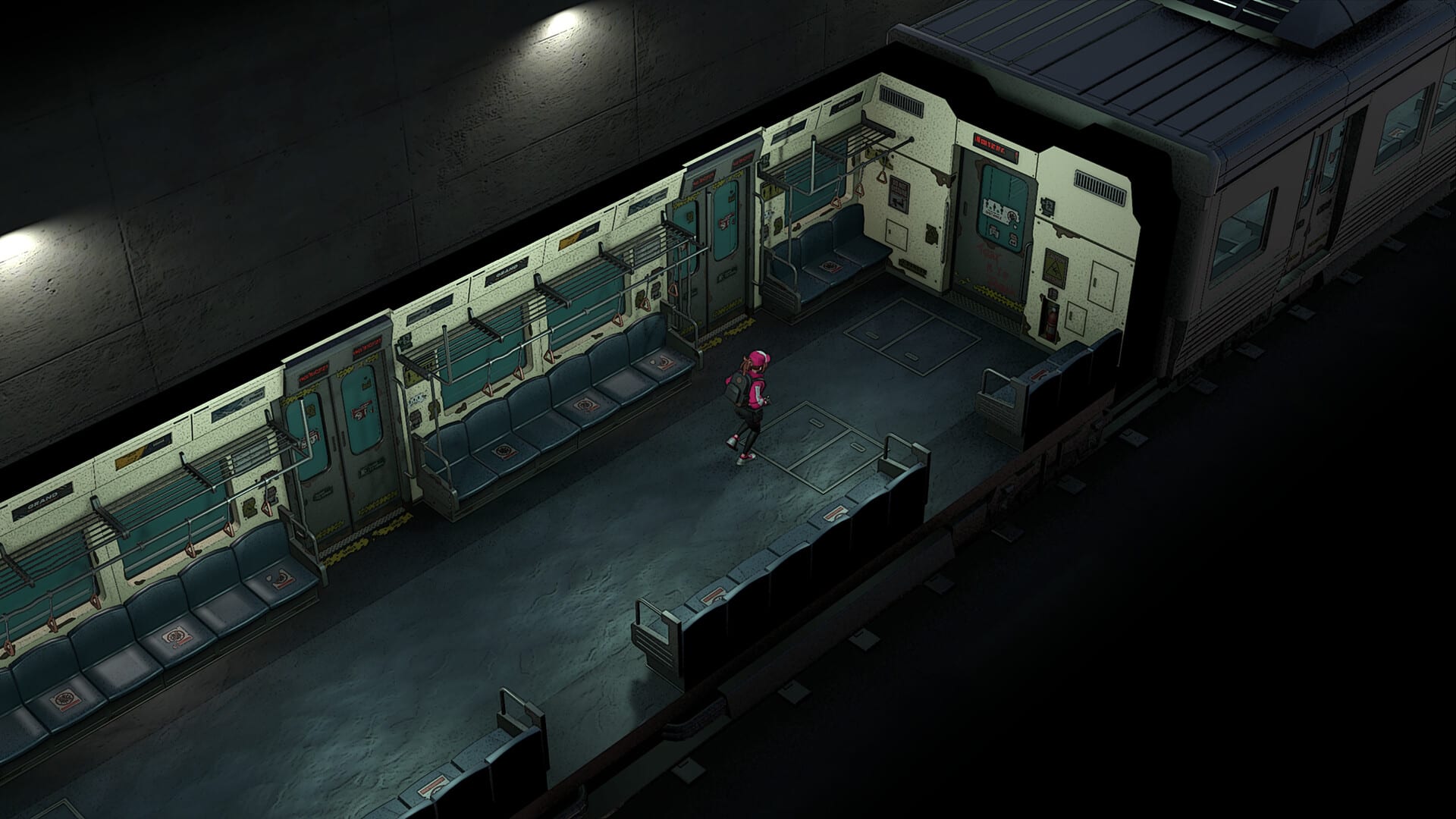 Captura de Rustown: una figura camina dentro de un vagón de tren abandonado, vista desde arriba.