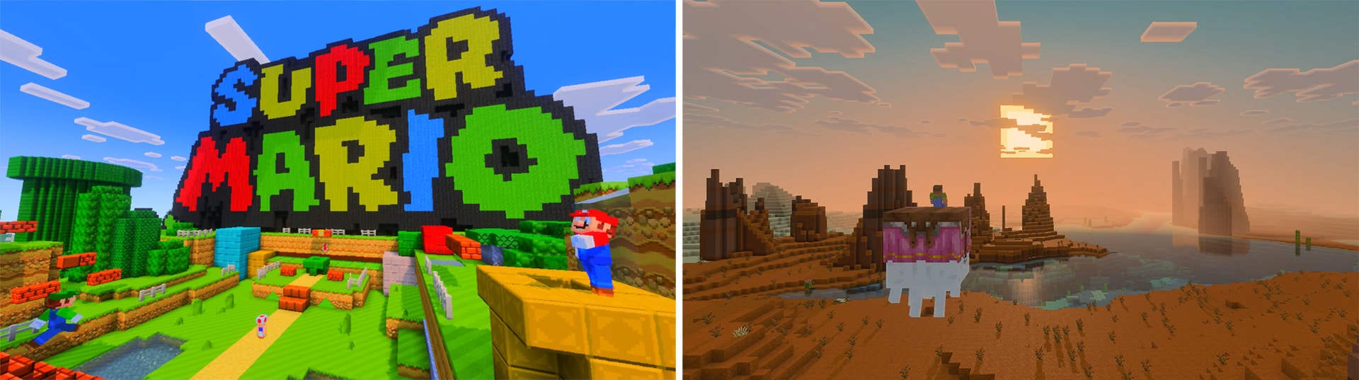 A la izquierda, el logotipo de Super Mario armado con bloques sobre un terreno verde; a la derecha, un atardecer sobre un desierto con un lago y una criatura rosa y blanca.