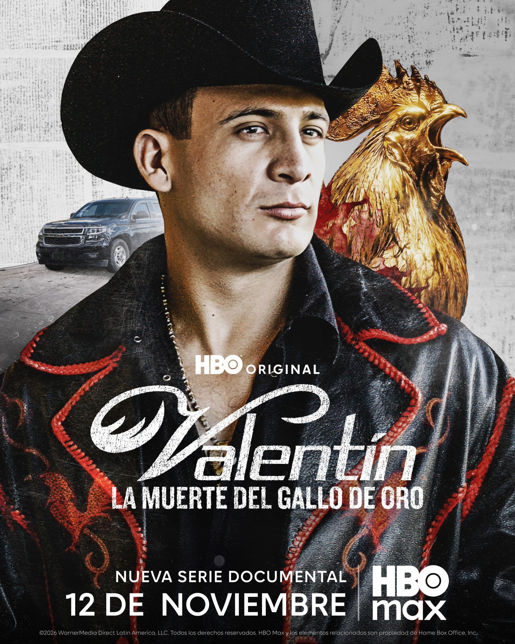 Poster for the documentary series Valentín: La muerte del Gallo de Oro, showing the singer in a black cowboy hat and leather jacket beside a golden rooster, with the Nov. 12 HBO Max premiere date.