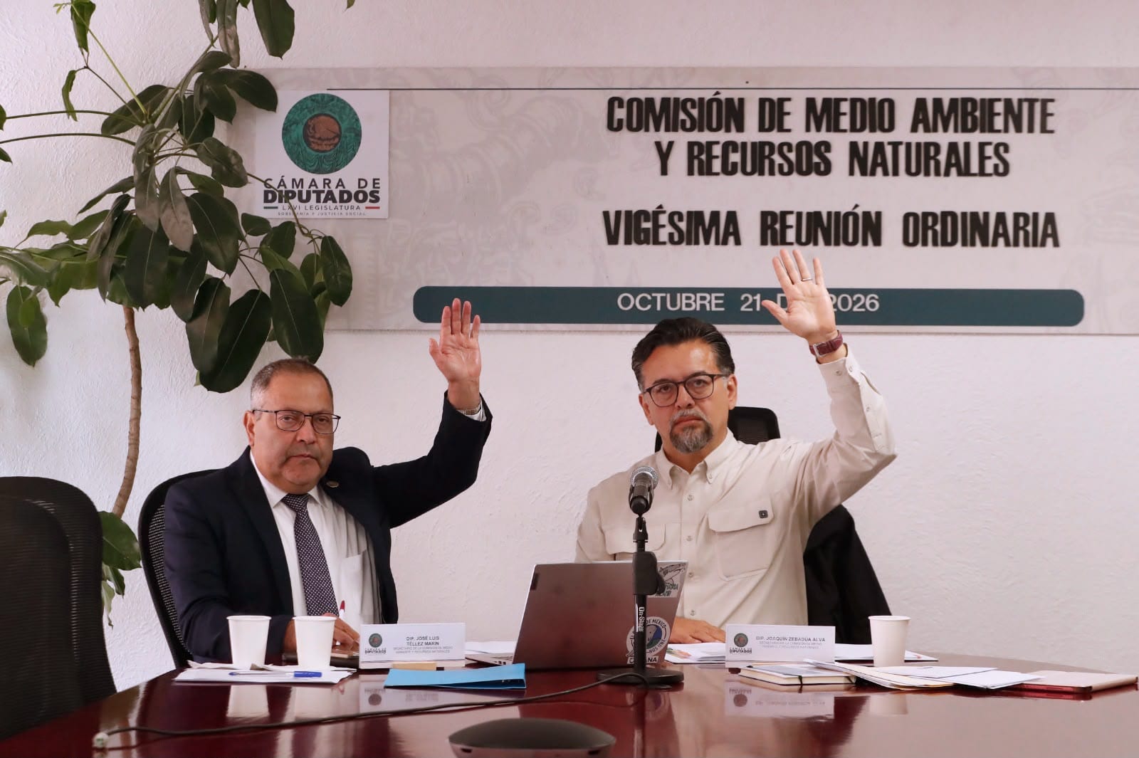 Los diputados José Luis Téllez Marín y Joaquín Zebadúa Alva levantan la mano para votar, sentados ante el letrero de la vigésima reunión ordinaria de la Comisión de Medio Ambiente.
