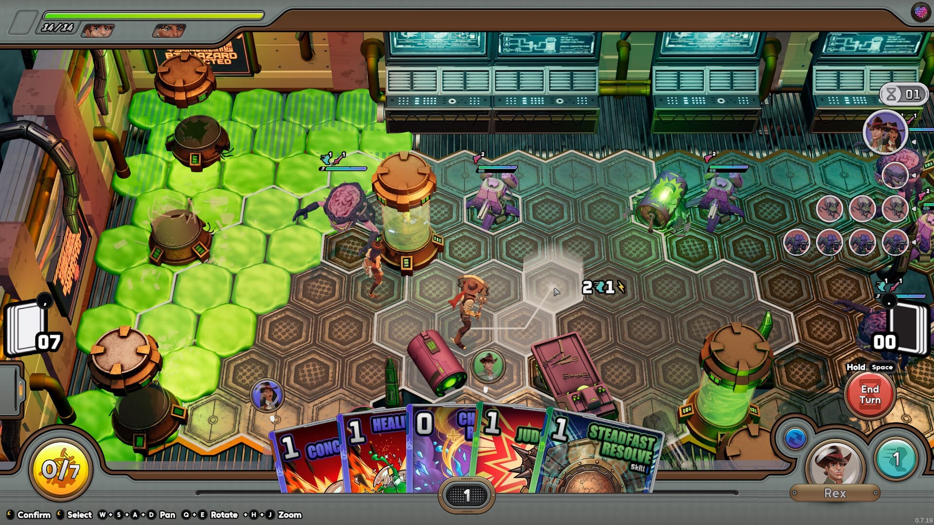 Captura de Love Is a Roguelite: un tablero hexagonal verde con unidades y cartas de habilidad.
