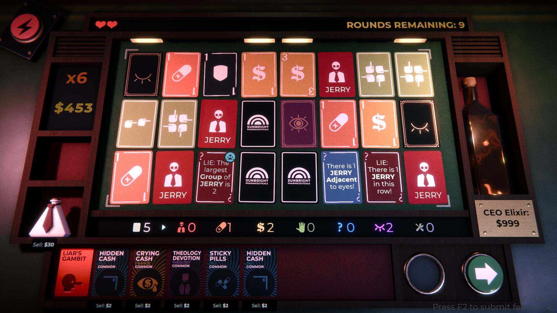 Captura de Mr. Magpie's Harmless Card Game: una cuadrícula de cartas con símbolos sobre una mesa.