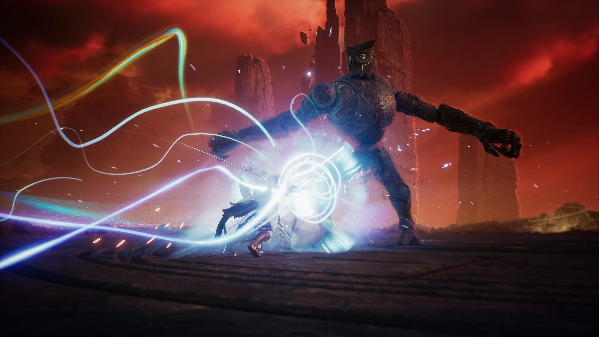 A character dodges a stone golem with an owl head under a red sky, amid streaks of blue and white light.