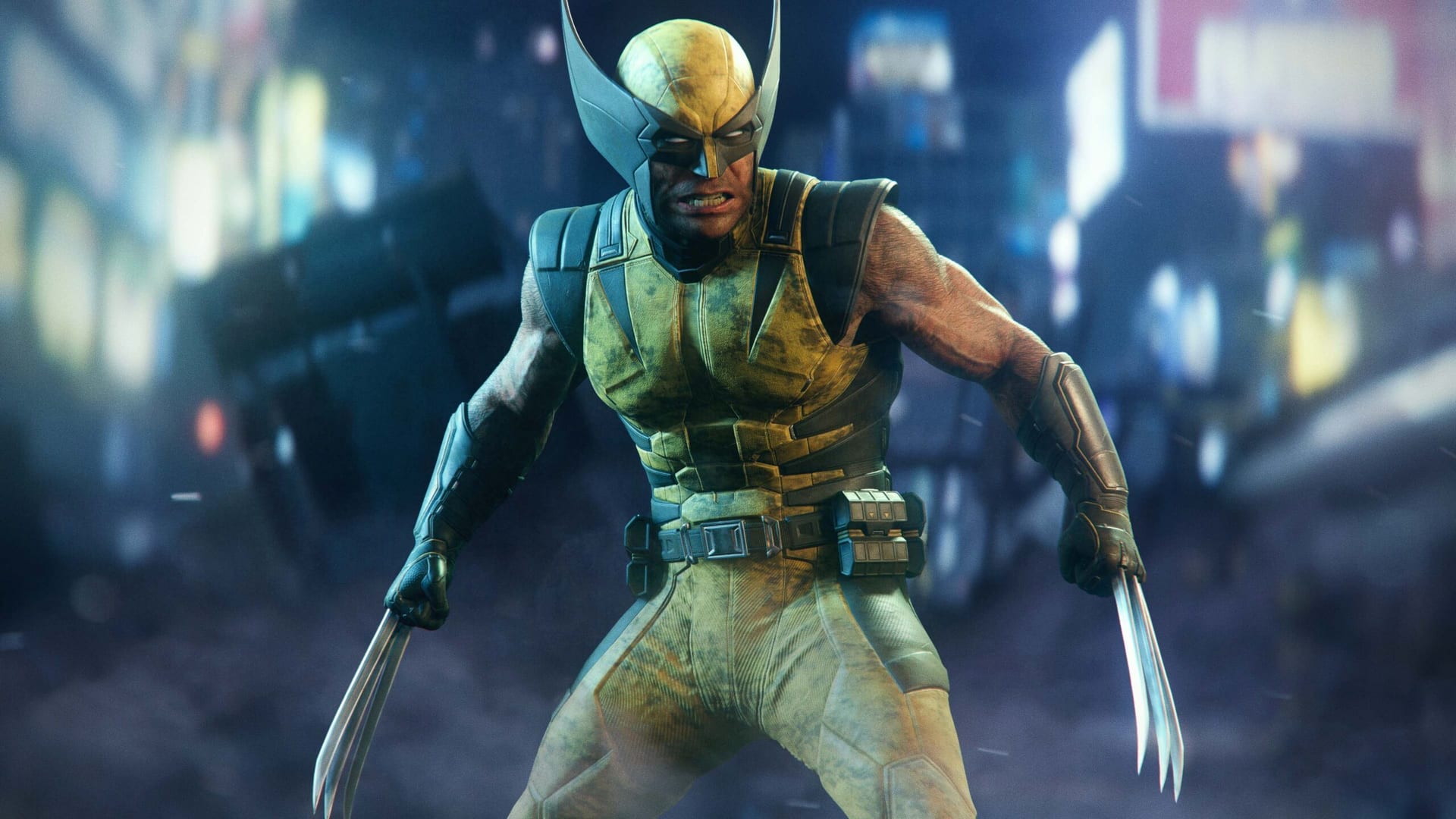 Wolverine con su traje amarillo y azul, con las garras extendidas, en una calle nocturna de luces borrosas.