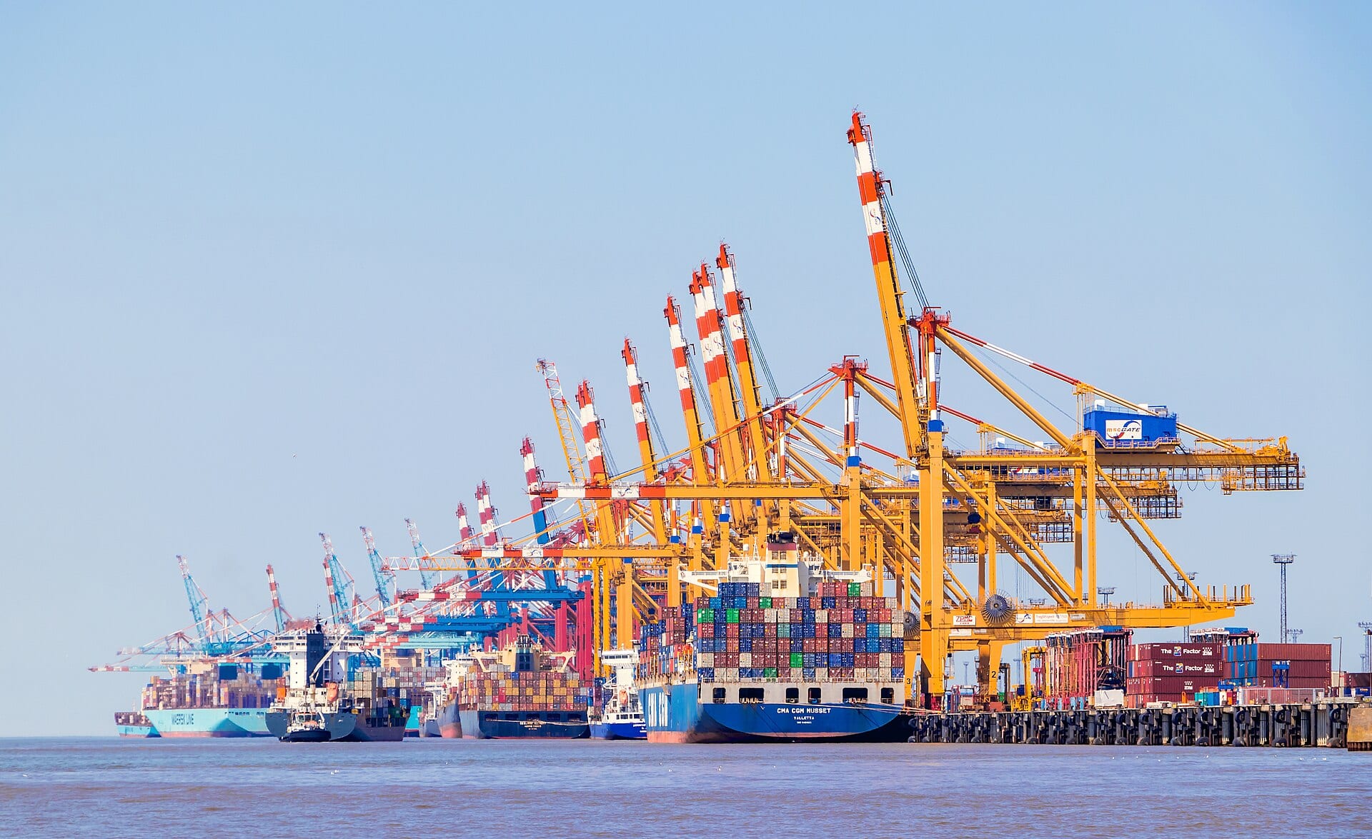 Grúas amarillas y rojiblancas de un terminal de contenedores, con buques cargados de contenedores atracados junto al muelle.