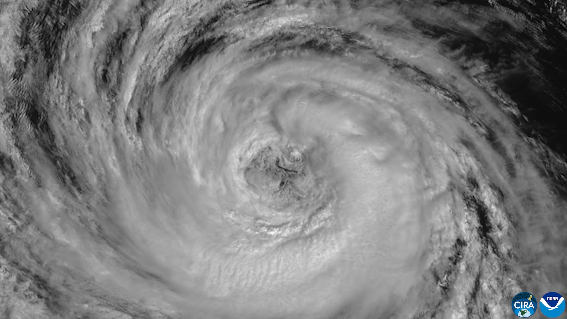 Imagen de satélite en blanco y negro con las nubes en espiral alrededor del ojo del huracán.