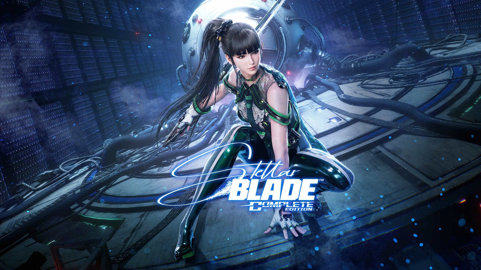 EVE, the game's heroine, crouches with one hand on a metal platform tangled in cables, beside the Stellar Blade Complete Edition logo.