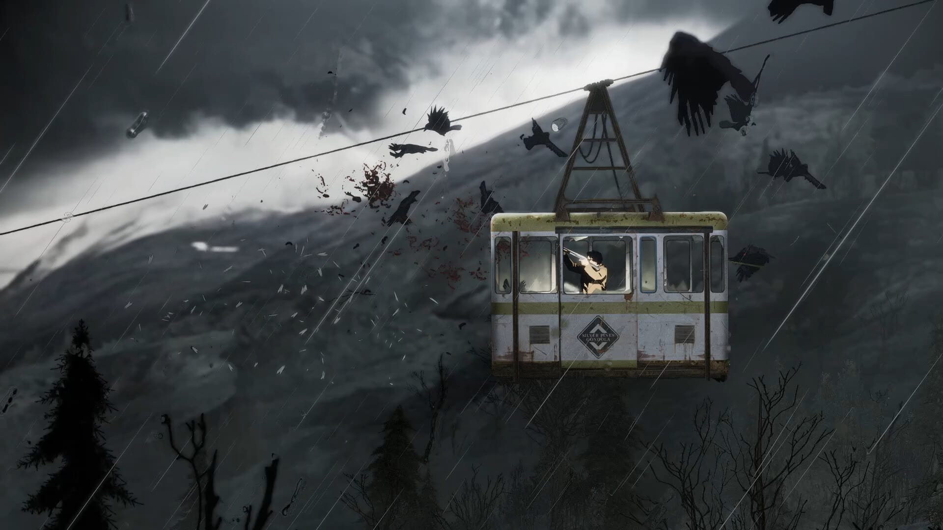 In the rain, a rusty gondola hanging from a cable carries a man firing out the window at a flock of crows.