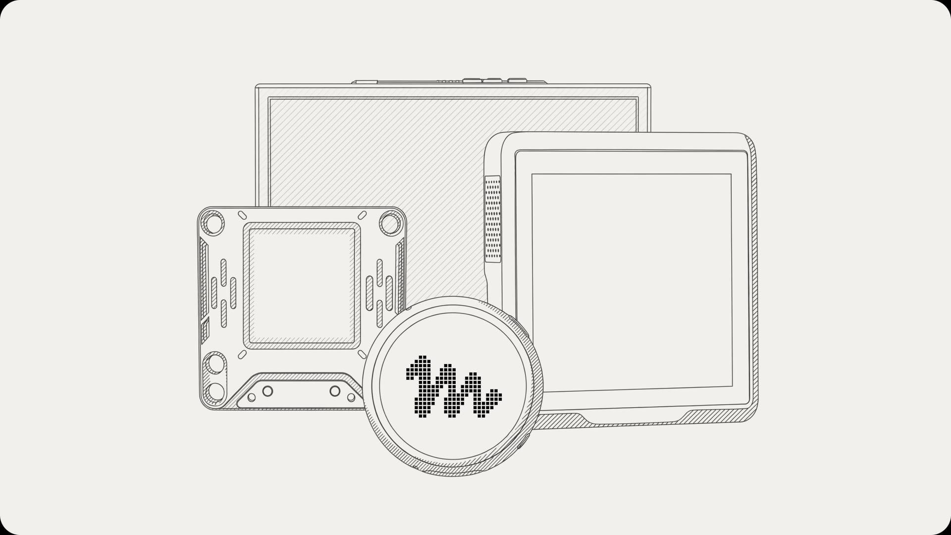 Line illustration of a circuit board, a screen, a device with buttons and a round disc bearing the Muse logo.