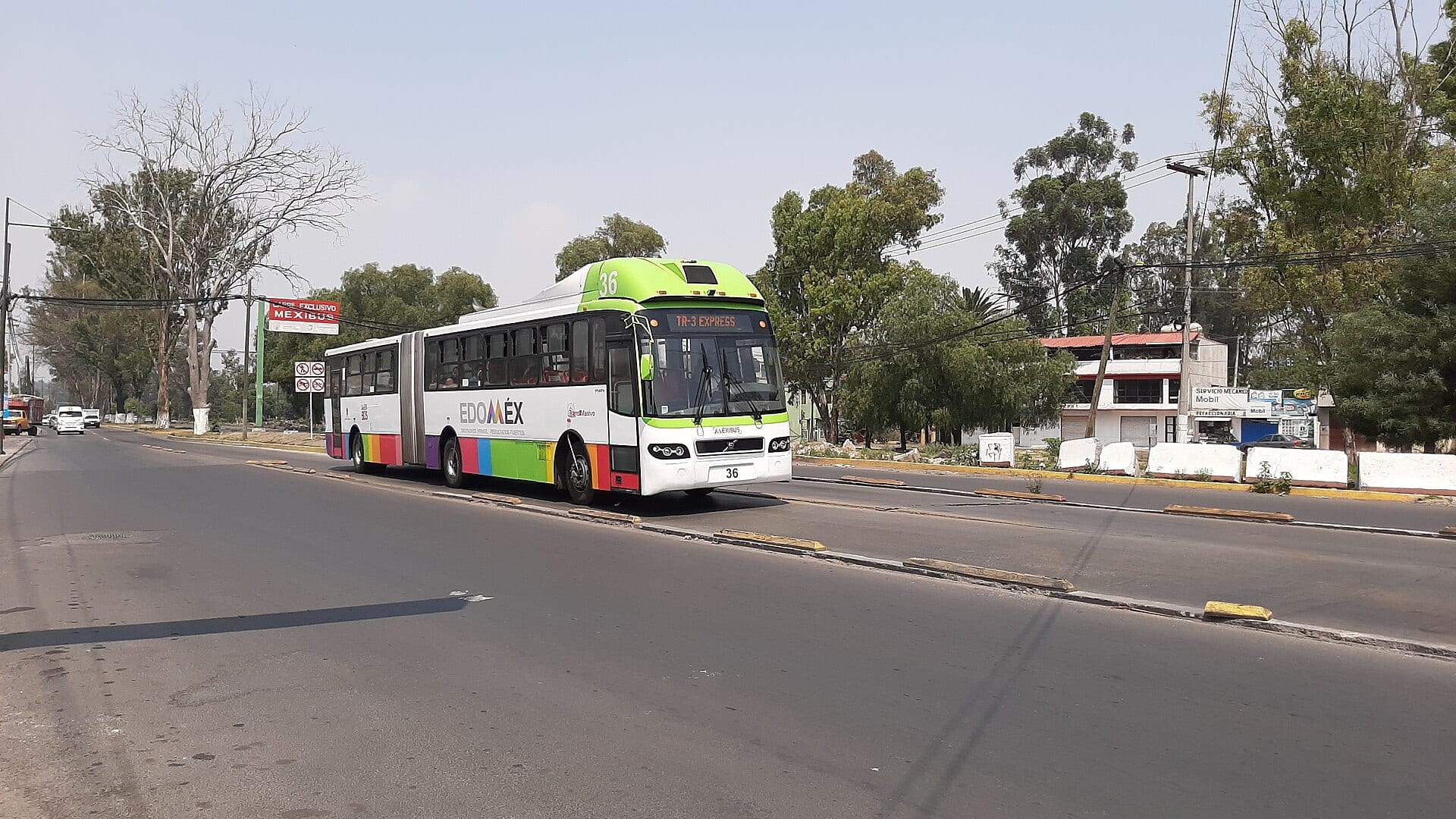 Un autobús articulado blanco con franjas de colores y el logotipo Edomex circula por un carril confinado de Mexibús rodeado de árboles.