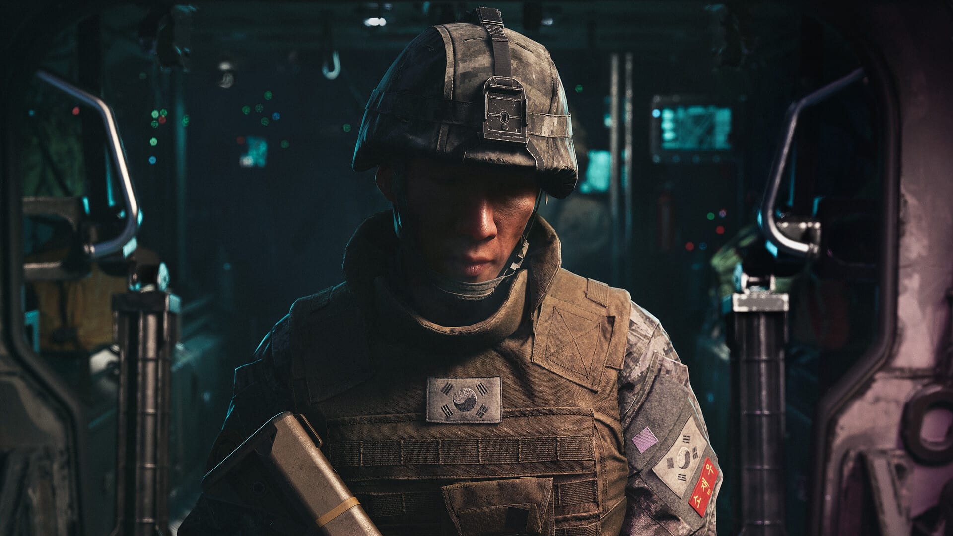 A South Korean soldier in a helmet and a flag patch on his vest stands in a blue-lit transport compartment.