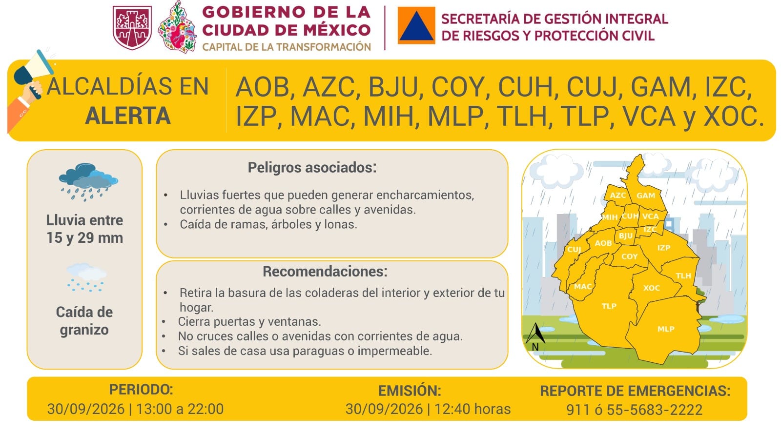 Infografía amarilla con las siglas de las 16 alcaldías en alerta, un mapa de la ciudad con lluvia, precipitación de 15 a 29 milímetros, caída de granizo, periodo de 13:00 a 22:00 y emisión a las 12:40 horas.