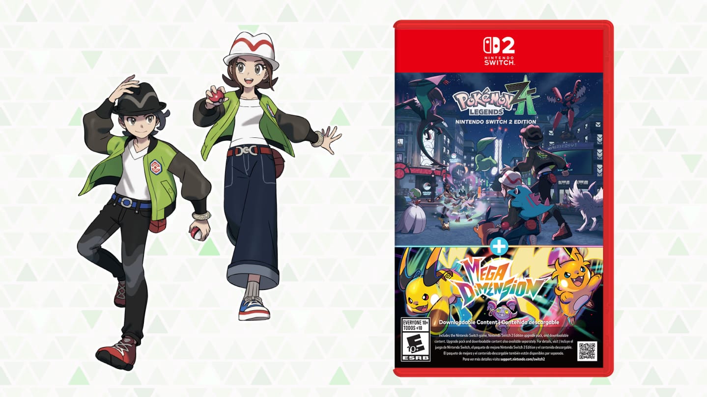 Dos entrenadores de Pokémon junto a la caja roja del cartucho de Switch 2, con las portadas de Legends: Z-A y Mega Dimension.