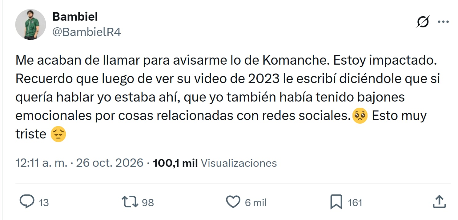 Publicación de Bambiel en X: cuenta que en 2023 le escribió a El Komanche para ofrecerle hablar, porque él también tuvo bajones emocionales por las redes sociales.