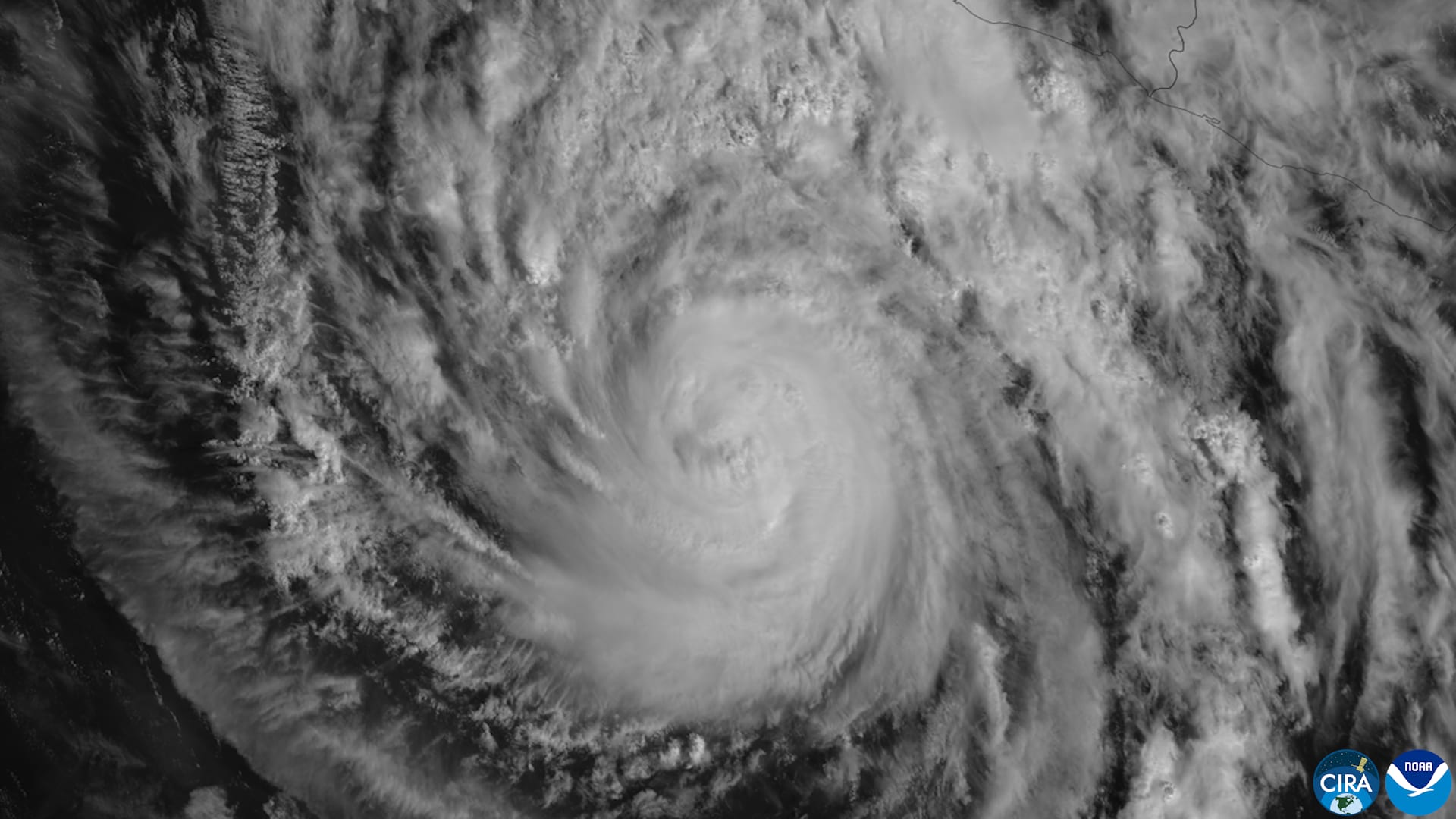 Imagen de satélite en blanco y negro de Trudy, con un ojo de nubes en espiral y un tramo de la costa del Pacífico mexicano arriba a la derecha.