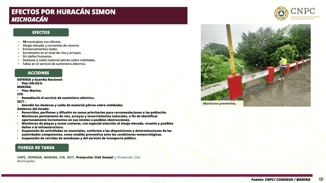 Lámina proyectada en la conferencia: EFECTOS POR HURACÁN SIMON MICHOACÁN.