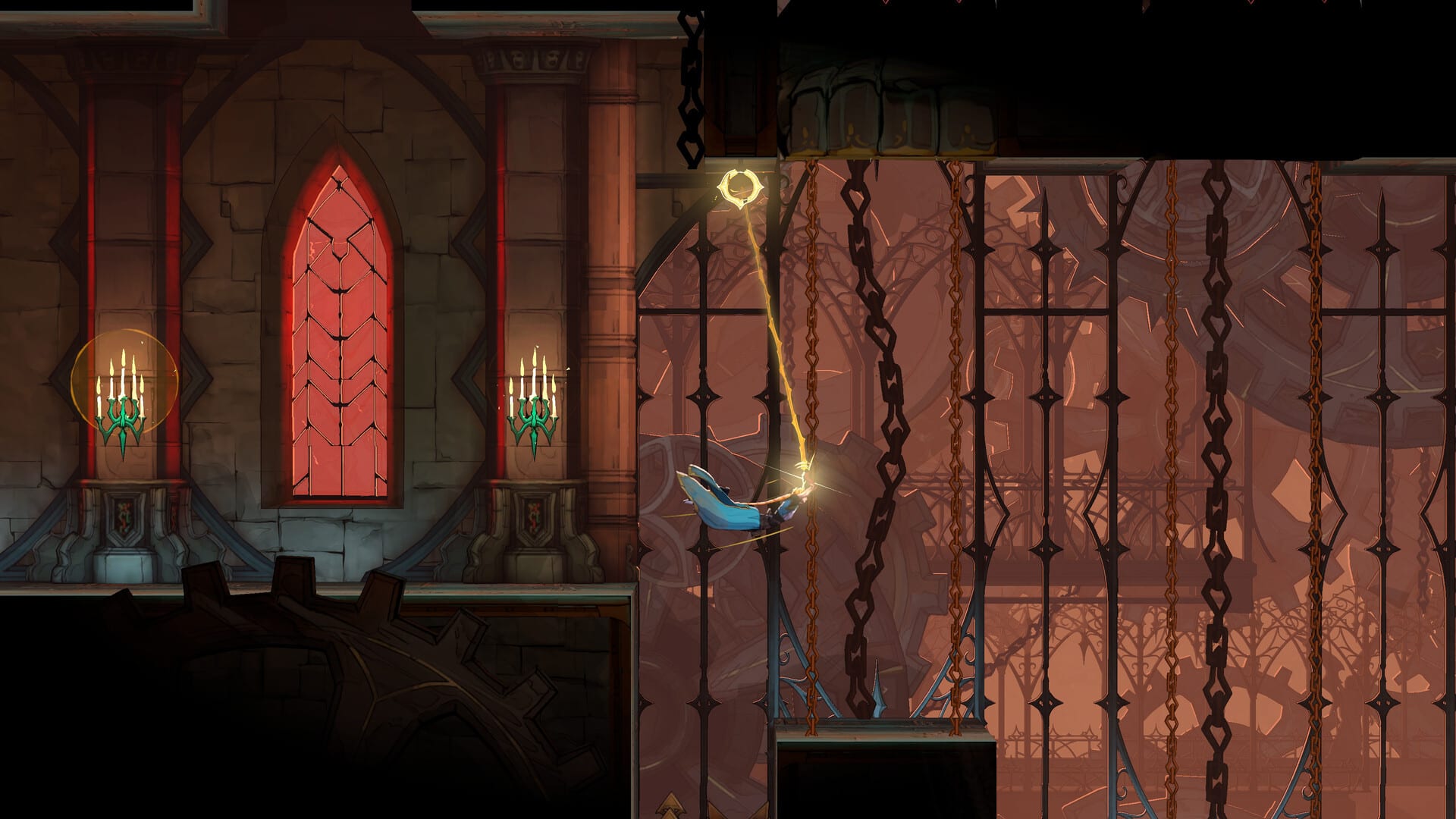 A heroine in blue swings from a golden whip hooked to the ceiling, among chains, gears, a red stained-glass window and two green candelabras.