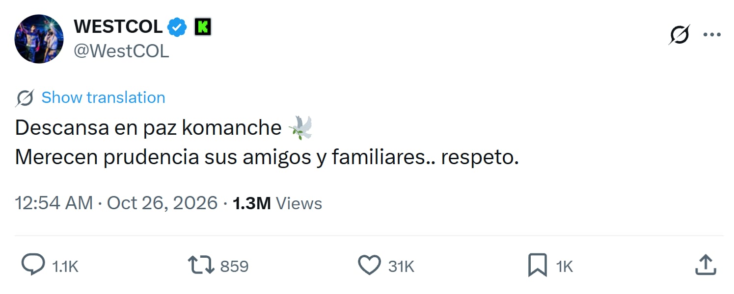 Publicación de Westcol en X: "Descansa en paz komanche. Merecen prudencia sus amigos y familiares.. respeto."
