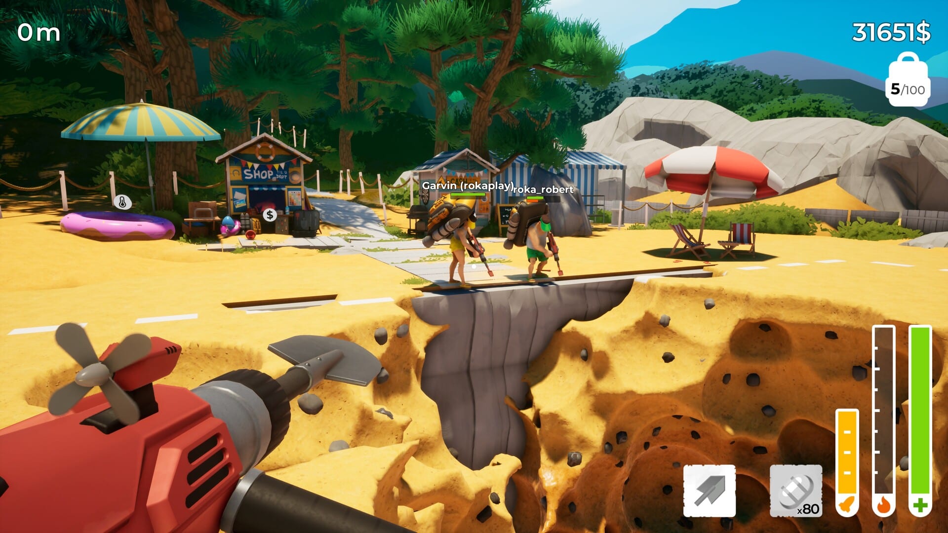 Captura de A Game About Digging a Hole Together: un jugador con taladro cava en una playa junto a otros.