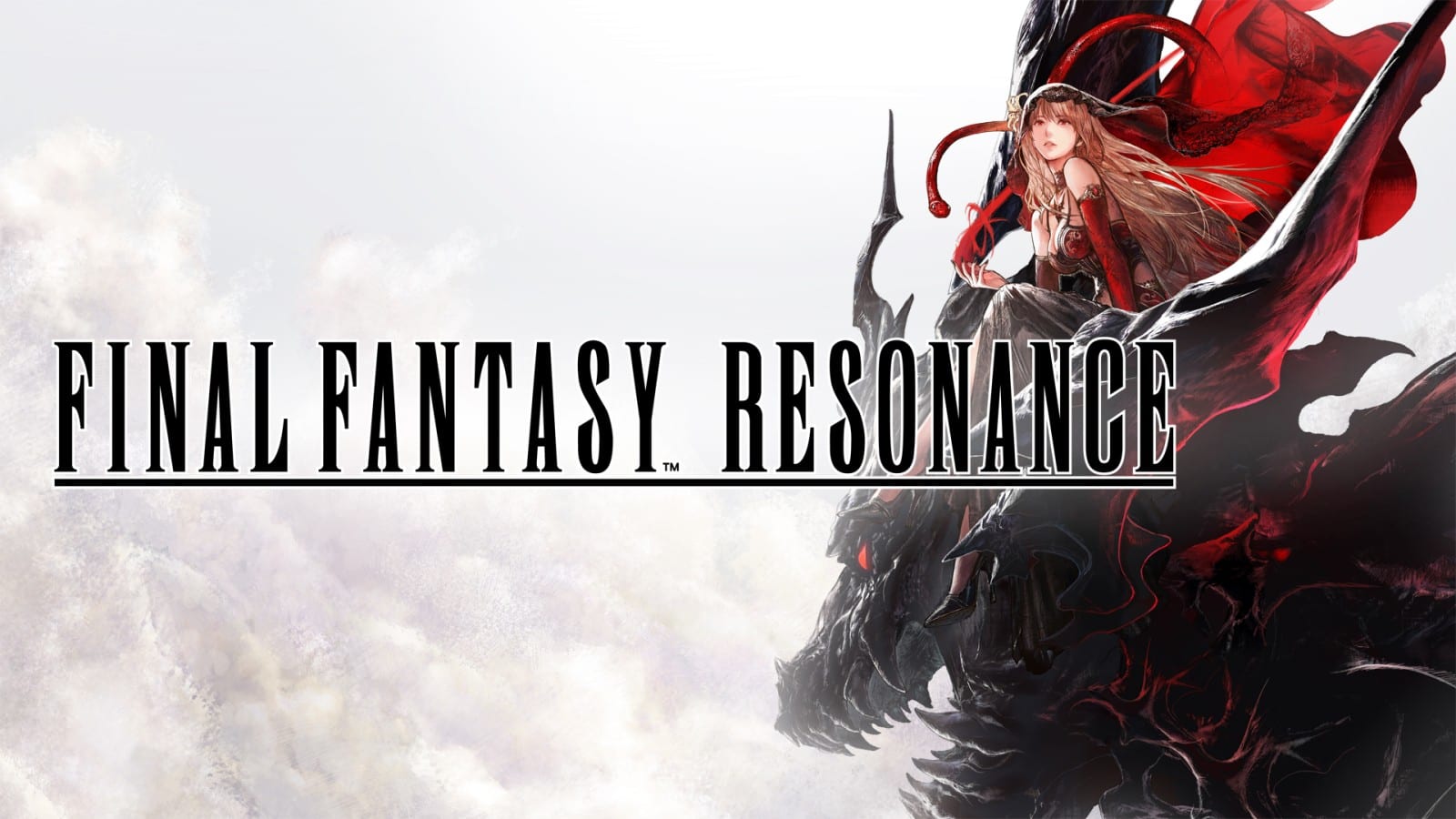 A long-haired woman in a red dress sits on a black dragon among the clouds, next to the game's logo.