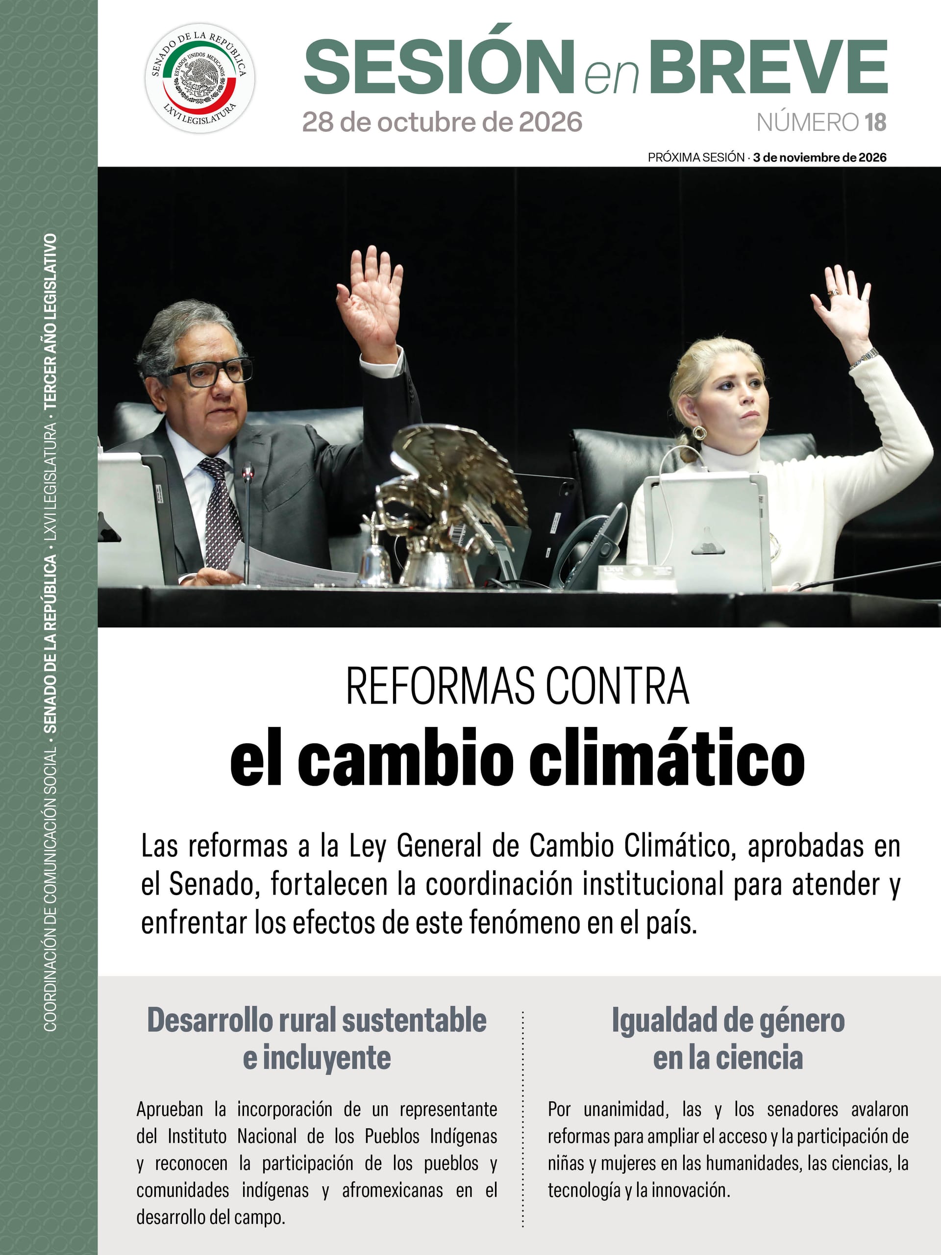 Cartel de la Sesión en Breve número 18 del Senado, del 28 de octubre de 2026, con el título "Reformas contra el cambio climático" y dos senadores votando con la mano en alto.