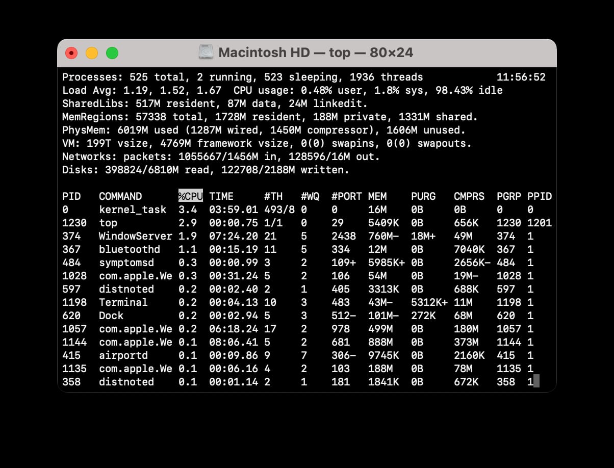 A macOS Terminal window running the top command, showing a list of processes and memory use.