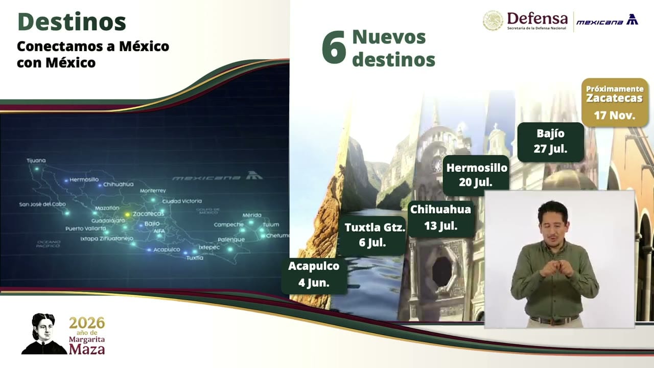 Lámina de la conferencia con el mapa de destinos de Mexicana y los nuevos destinos con su fecha de inicio, Zacatecas el 17 de noviembre.