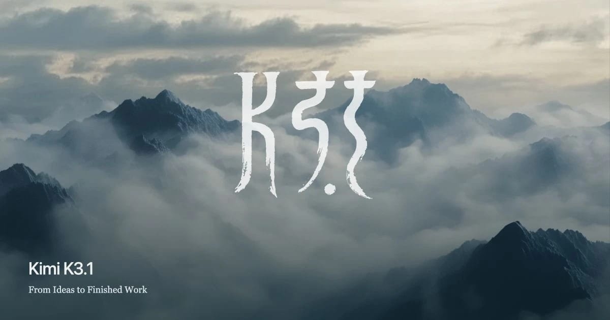 Mountain peaks above clouds with a stylized K3.1 logo and the text Kimi K3.1.