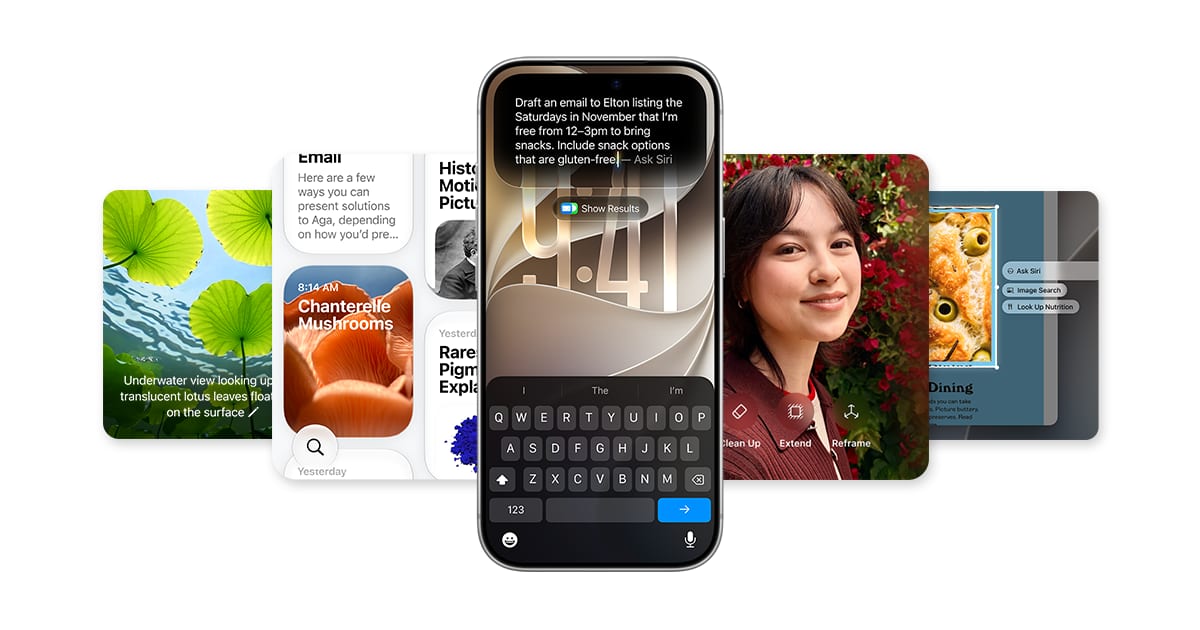Collage de pantallas de iPhone; al centro, un cuadro de texto donde Siri redacta un correo mientras el usuario dicta instrucciones.