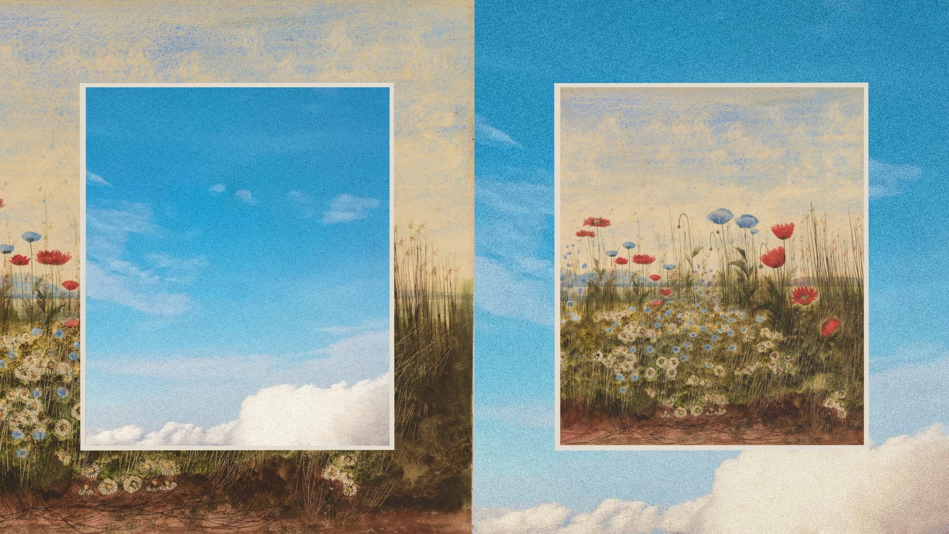 Dos paneles con una acuarela de flores silvestres y un cielo azul con nubes, en los que cada panel encuadra el fondo del otro.