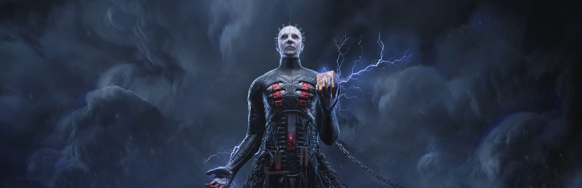 Pinhead, the Hellraiser character with a head studded with nails, holds a golden cube crackling with blue lightning under dark storm clouds.