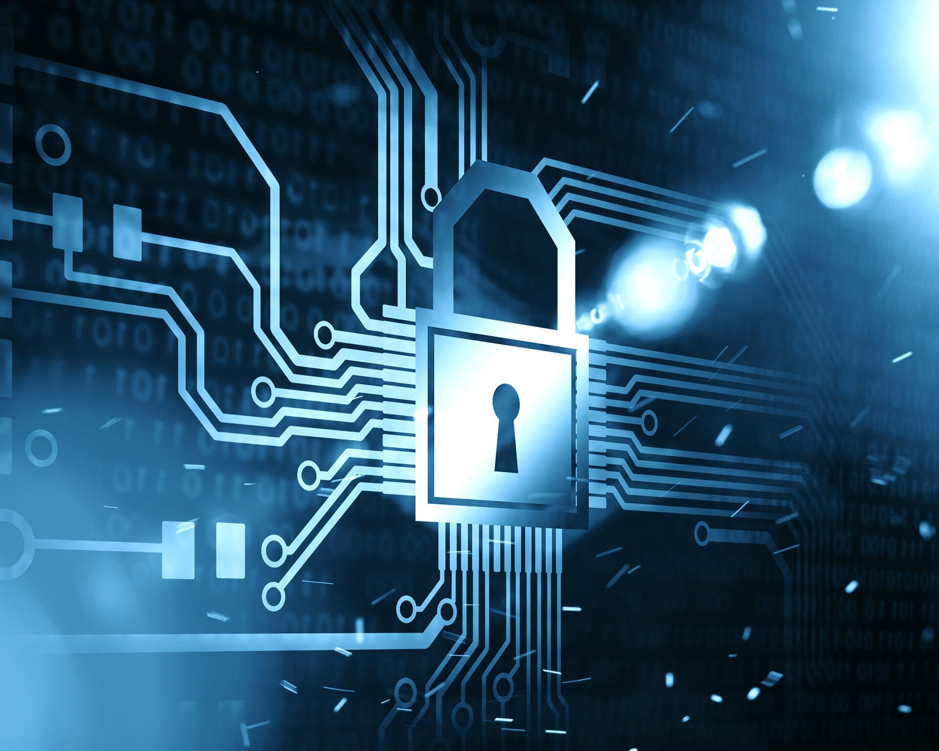 Illustration of a glowing padlock with a keyhole surrounded by circuit traces on a dark blue background with digits.