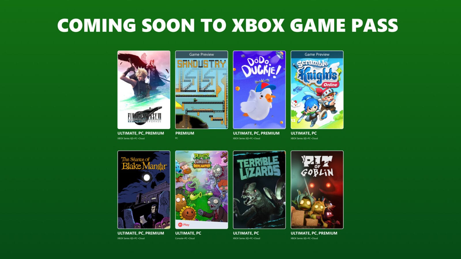 Cartel verde con los ocho juegos que llegan a Game Pass, cada uno con sus planes y plataformas.