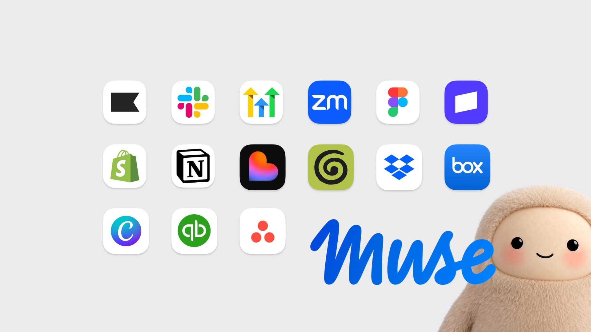Cuadrícula de íconos de aplicaciones como Slack, Shopify, Notion, Figma y QuickBooks junto al nombre Muse y una figura peluda beige.