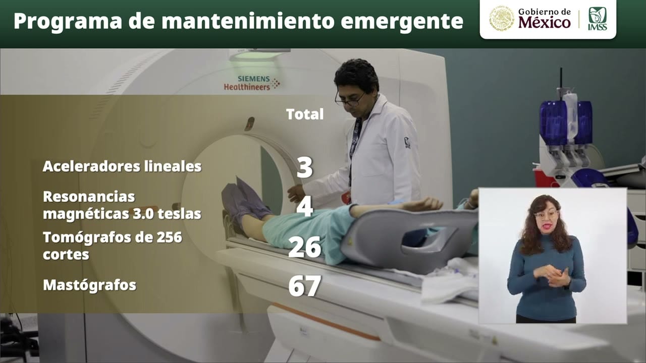 Lámina con el título «Programa de mantenimiento emergente», sobre una foto de un equipo de tomografía, con una lista de equipos y su total: Aceleradores lineales 3, Resonancias magnéticas 3.0 teslas 4, Tomógrafos de 256 cortes 26 y Mastógrafos 67.