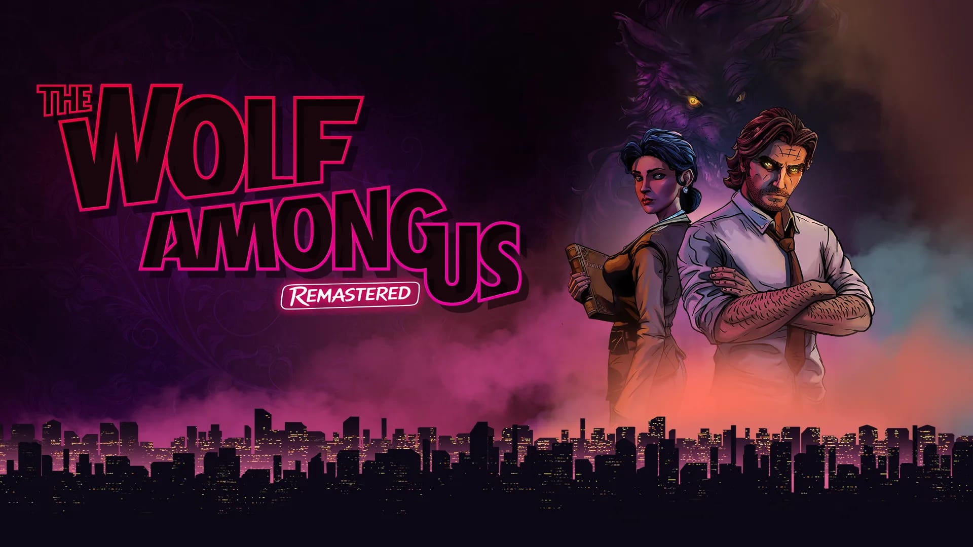 Arte con el logo de The Wolf Among Us Remastered; un hombre de camisa blanca con corbata y una mujer con un libro, de pie ante una ciudad nocturna y un lobo.