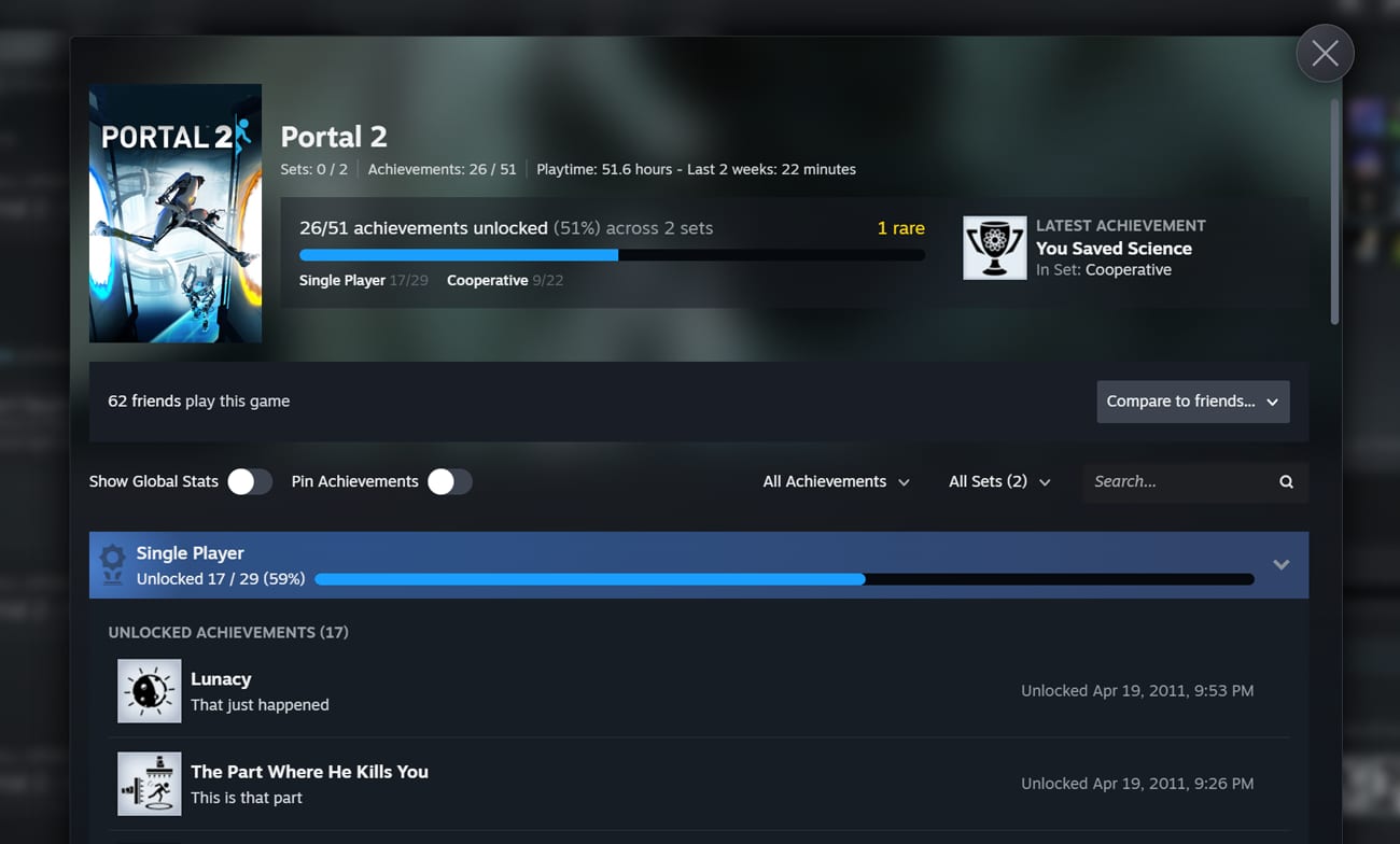 Página de logros de Portal 2 en Steam con dos conjuntos, Single Player y Cooperative, y su barra de progreso.