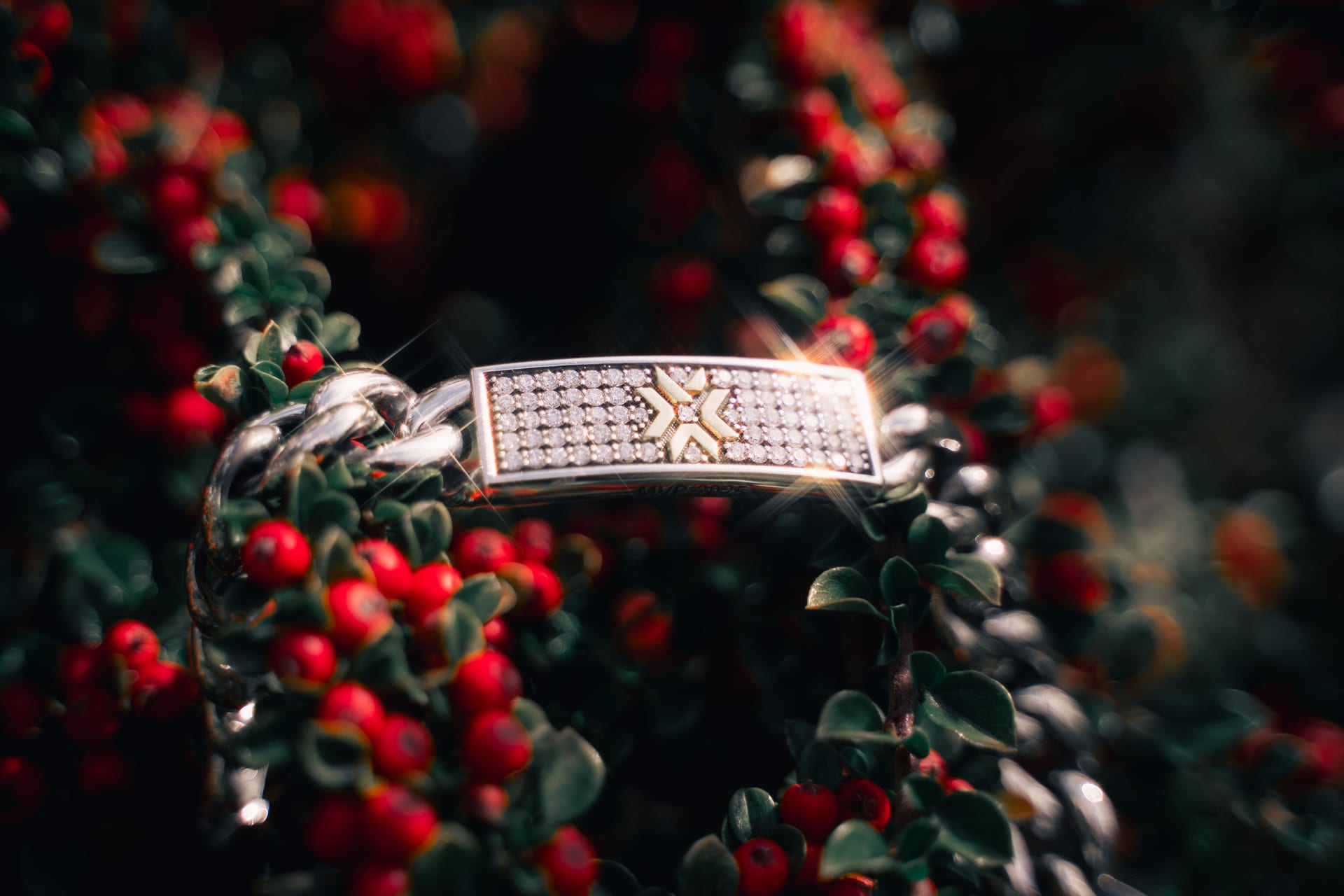 Pulsera de eslabones plateados con una placa de diamantes y el emblema de Valorant en dorado, sobre un arbusto de bayas rojas con luz de contraluz.