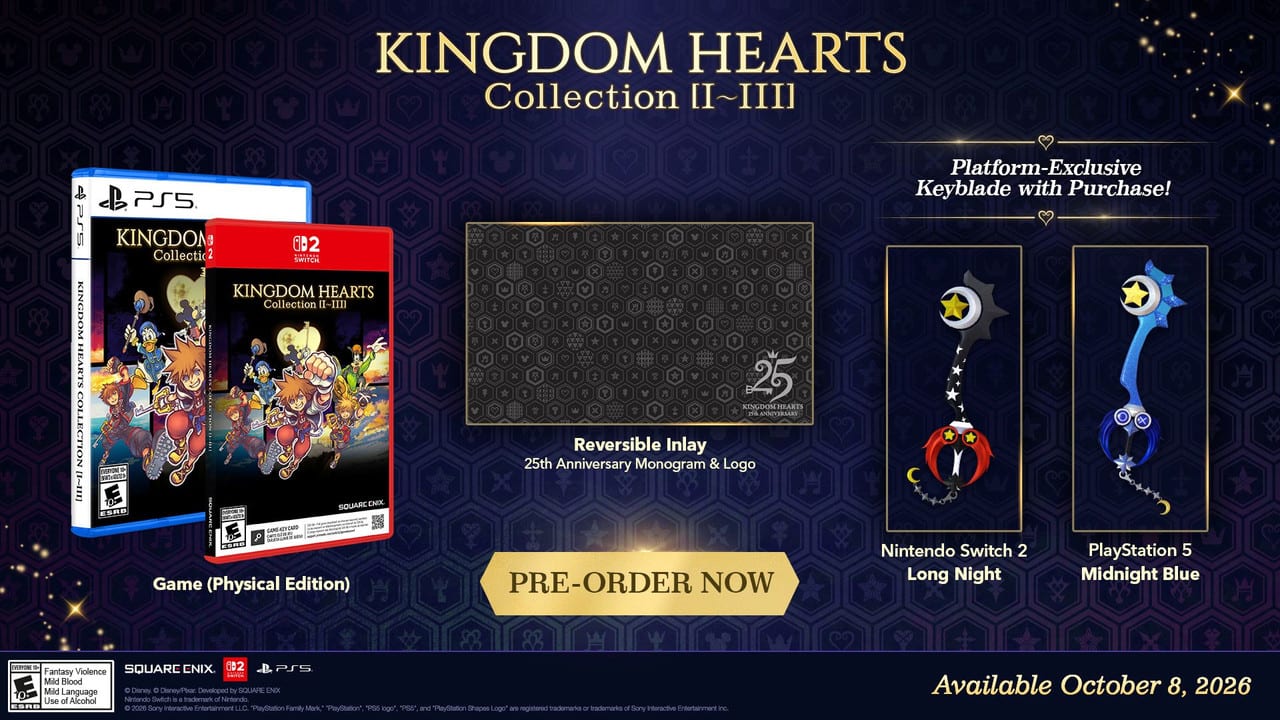 Physical PS5 and Switch 2 boxes next to a reversible inlay with the 25th anniversary monogram and two Keyblades, on a purple background.